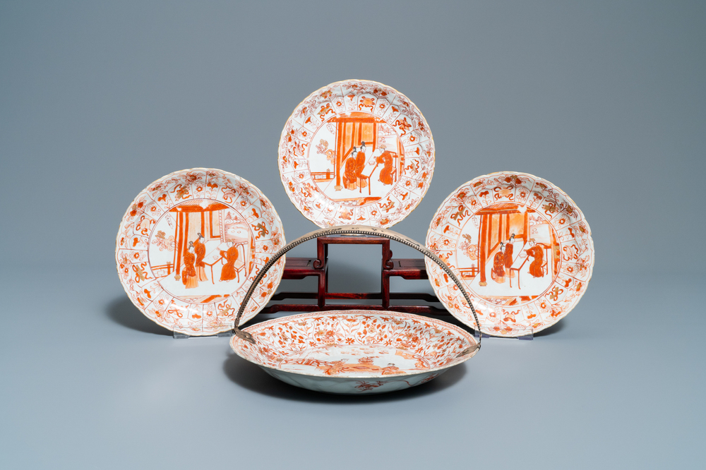 Three Chinese iron-red and gilt plates and a silver-mounted dish, Kangxi