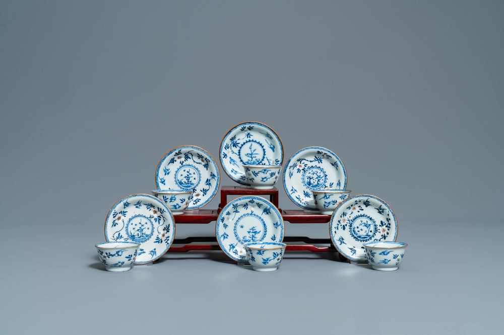 Six Chinese blue, white and copper-red cups and saucers, Kangxi