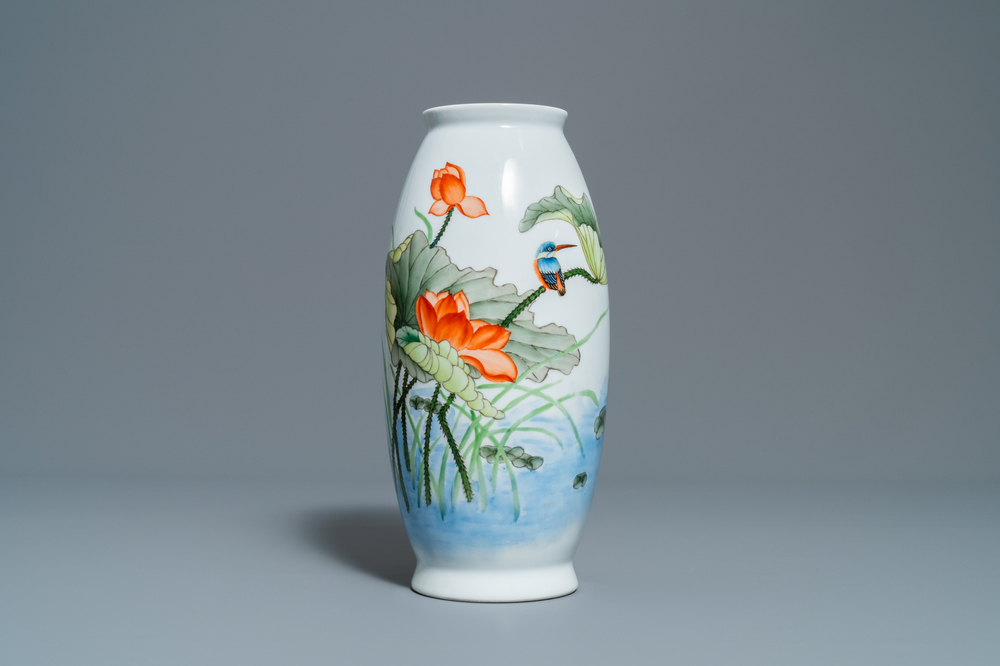 A polychrome Chinese 'kingfisher on lotus flower' vase, Qianlong mark, 20th C.