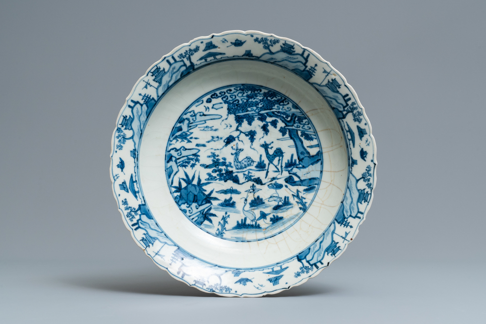 A Chinese blue and white Swatow dish with deer in a landscape, Ming