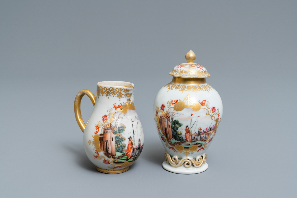 A Chinese famille rose and gilt Meissen-style tea caddy and milk jug, Qianlong