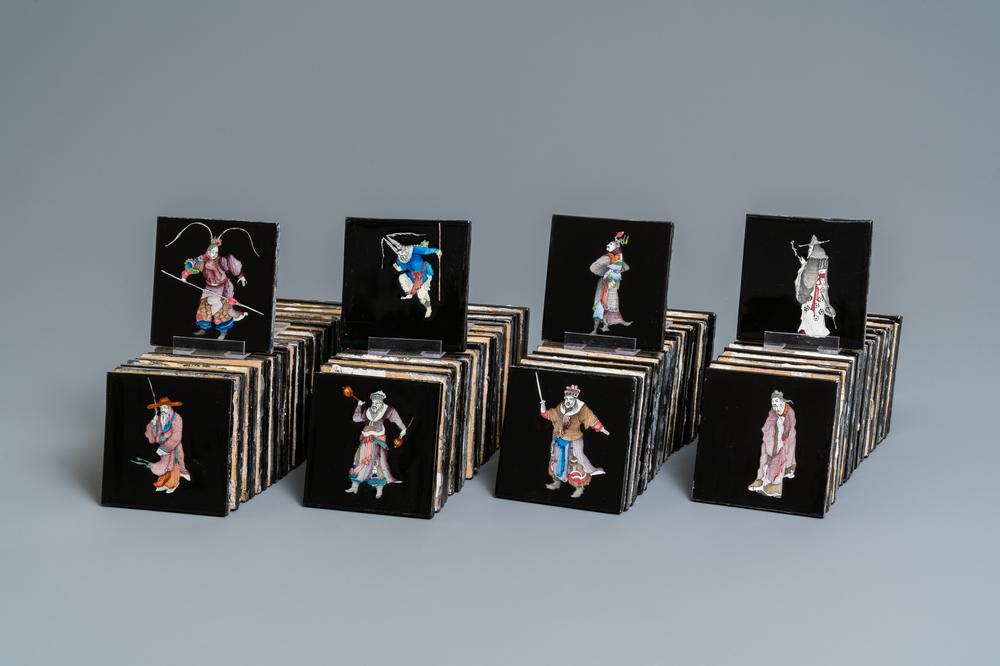 106 polychrome black-ground Dutch Delft tiles with Chinese figures, Makkum, 1985