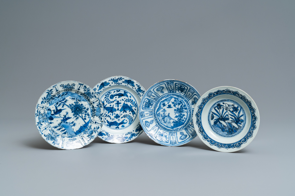 Four Chinese blue and white kraak porcelain plates, Wanli