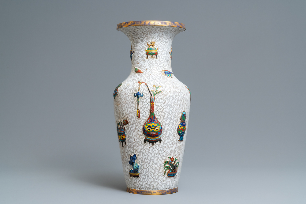 A Chinese cloisonn&eacute; vase with applied design of antiquities, 19th C.