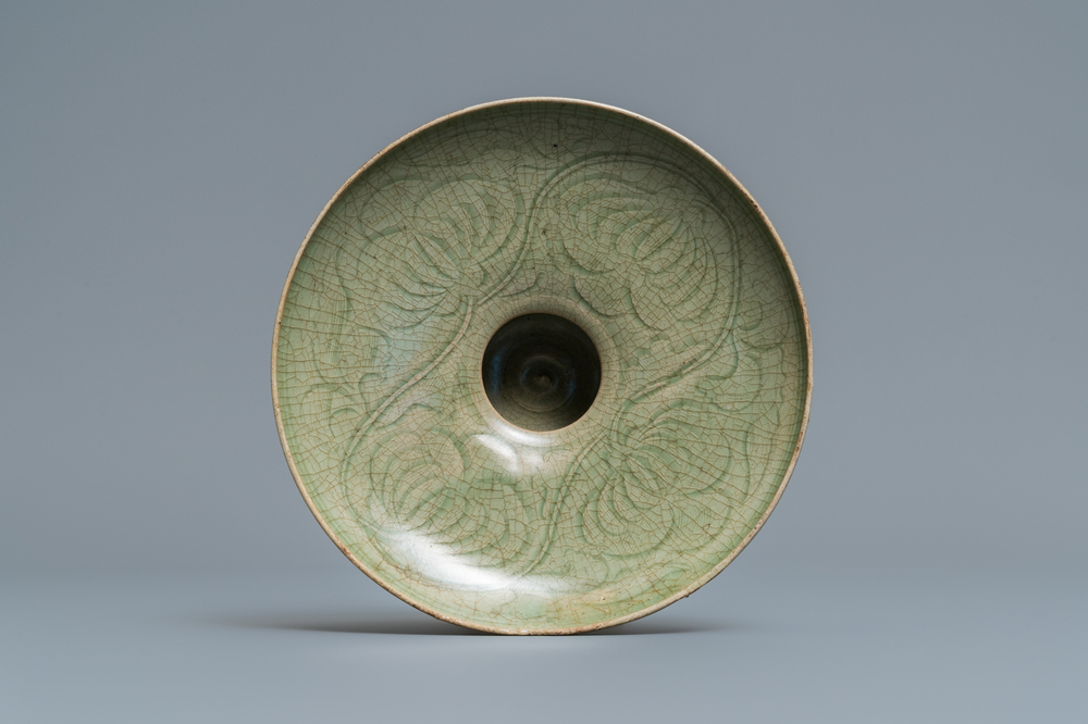 A Chinese Yaozhou celadon bowl with incised floral design, Song or later