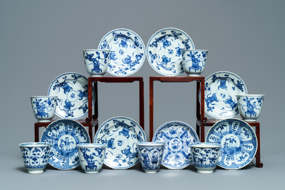 Eight Chinese blue and white cups and saucers, Kangxi