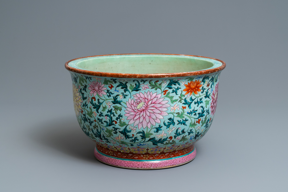 An exceptional Chinese turquoise-ground famille rose jardini&egrave;re, Qianlong