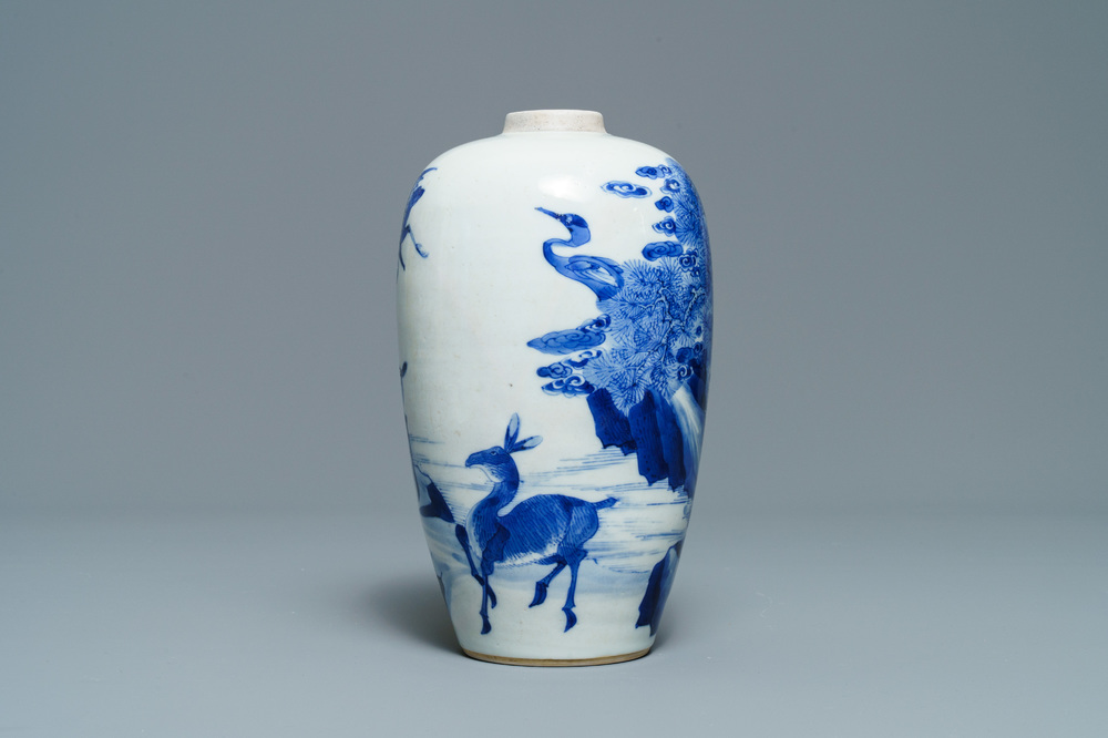 A Chinese blue and white 'deer and crane' vase, Kangxi
