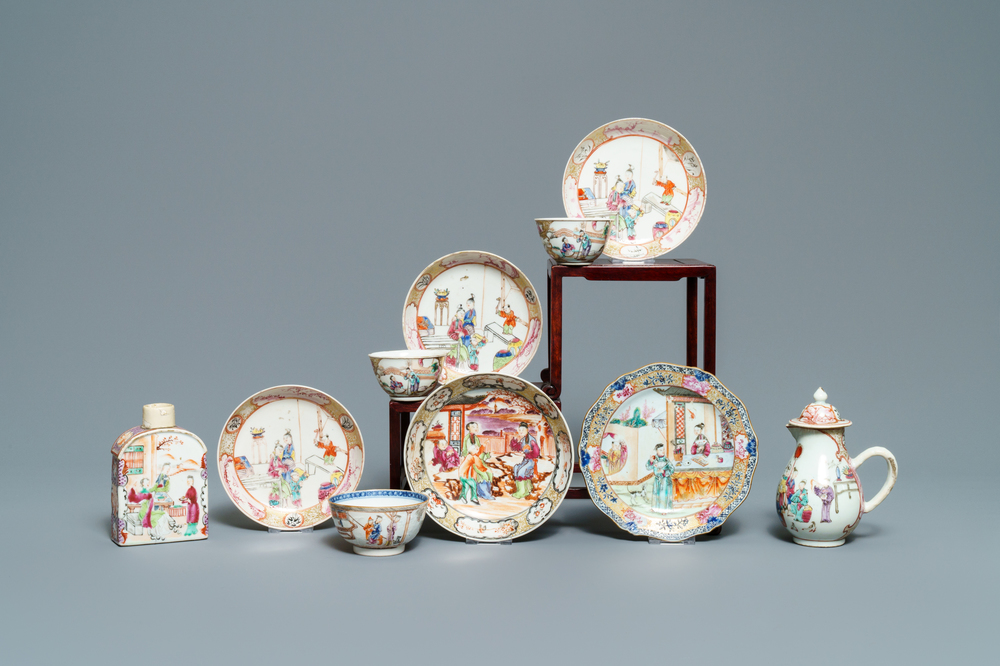 Dix pi&egrave;ces en porcelaine de Chine famille rose &agrave; d&eacute;cor mandarin, Qianlong