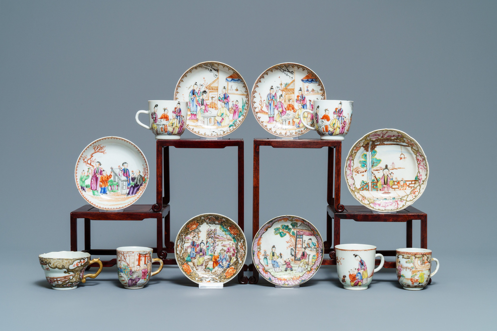 Six tasses et soucoupes en porcelaine de Chine famille rose &agrave; d&eacute;cor mandarin, Qianlong