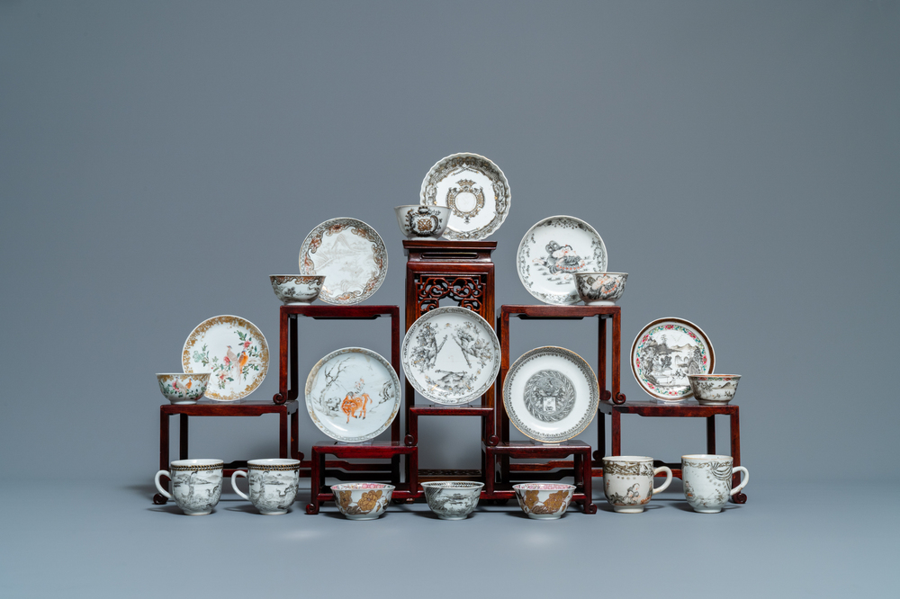 Twelve Chinese grisaille cups and eight saucers, Yongzheng/Qianlong