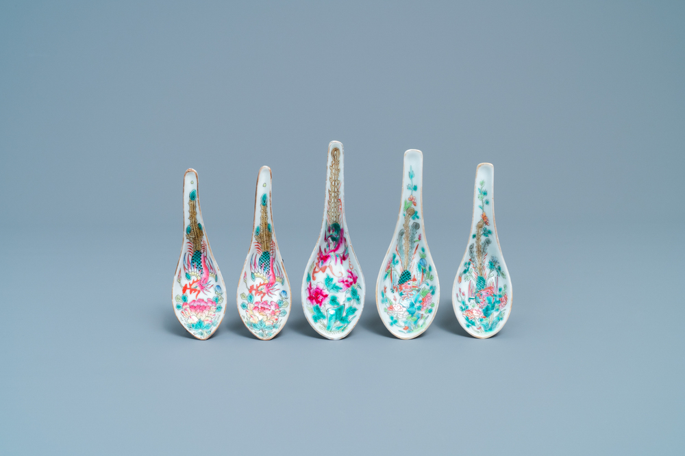 Five Chinese famille rose 'phoenix' spoons for the Straits or Peranakan market, 19/20th C.