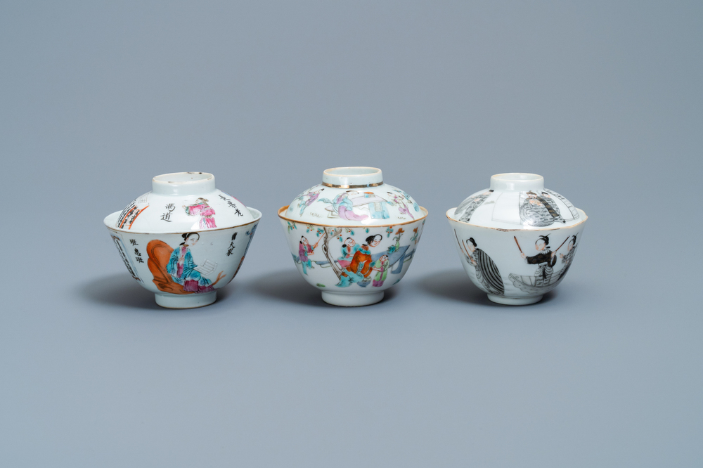 Three Chinese famille rose and grisaille bowls and covers, 19th C.