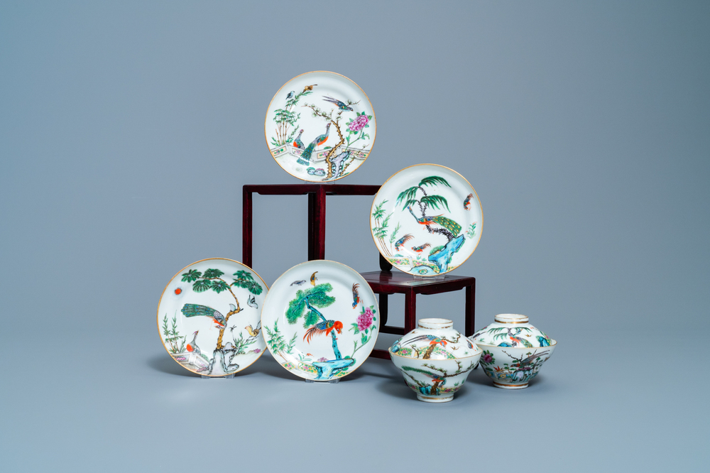 Four Chinese Canton famille rose plates and two covered bowls, 19th C.