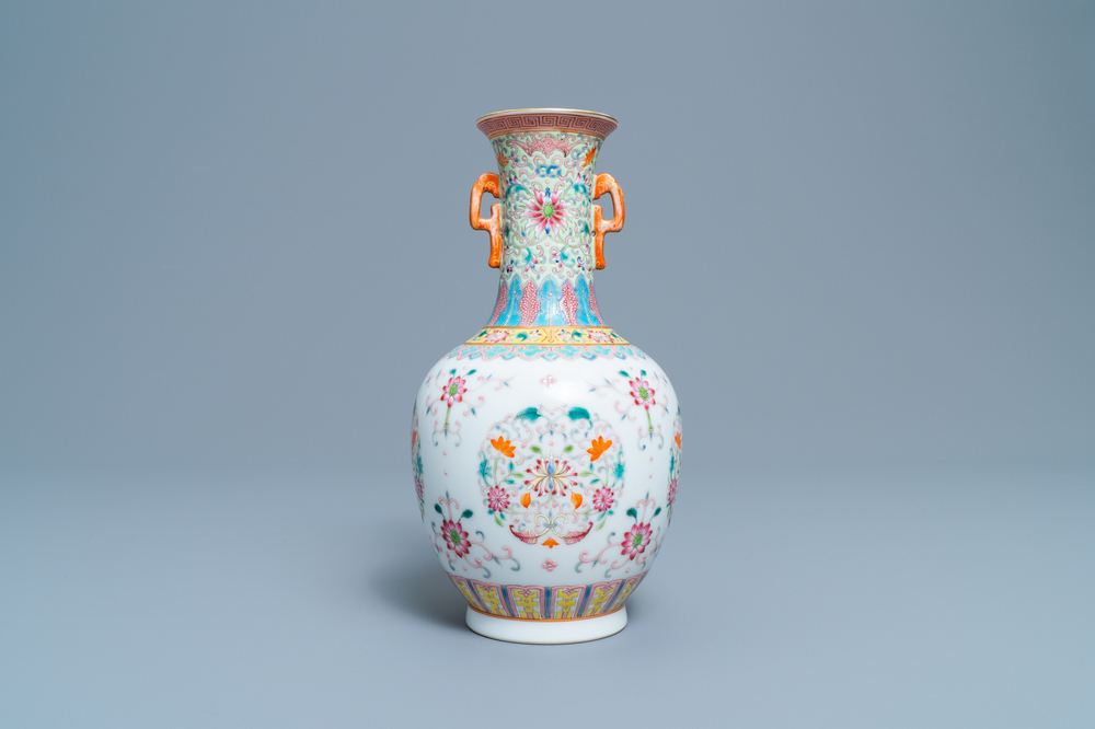 A Chinese famille rose vase with floral design, Qianlong mark, Republic