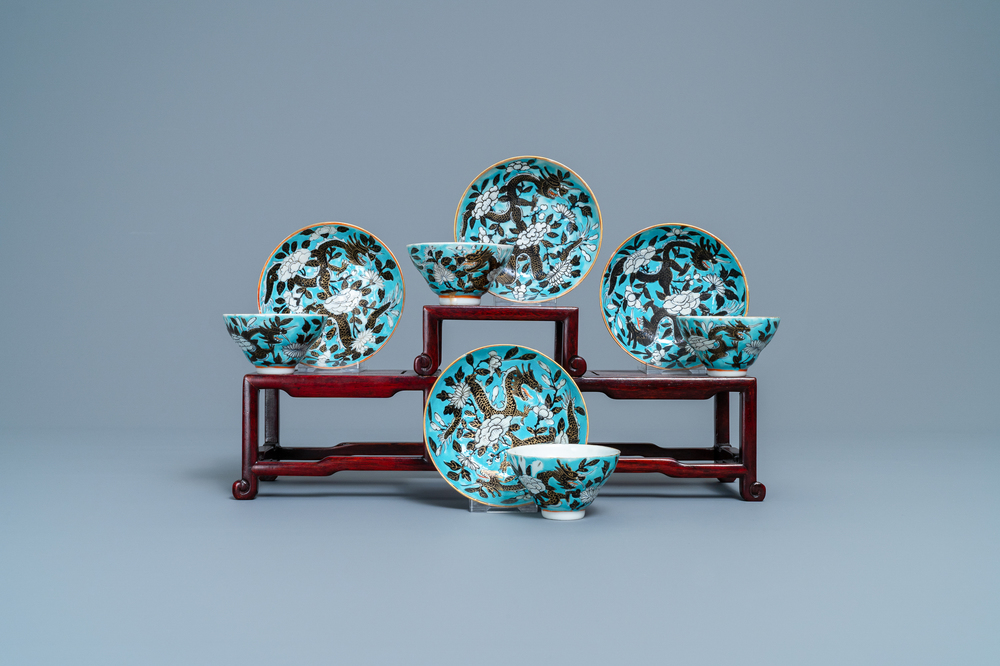 Four Chinese blue-ground Dayazhai-style 'dragon' cups and saucers, 19th C.