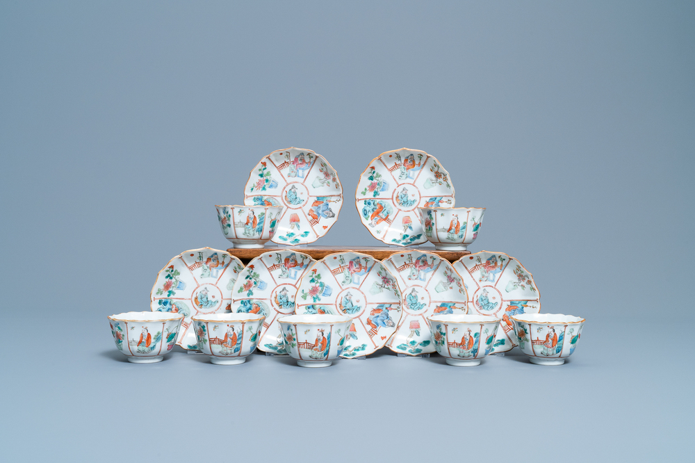 Zeven Chinese famille rose koppen en schotels, Xianfeng merk en periode