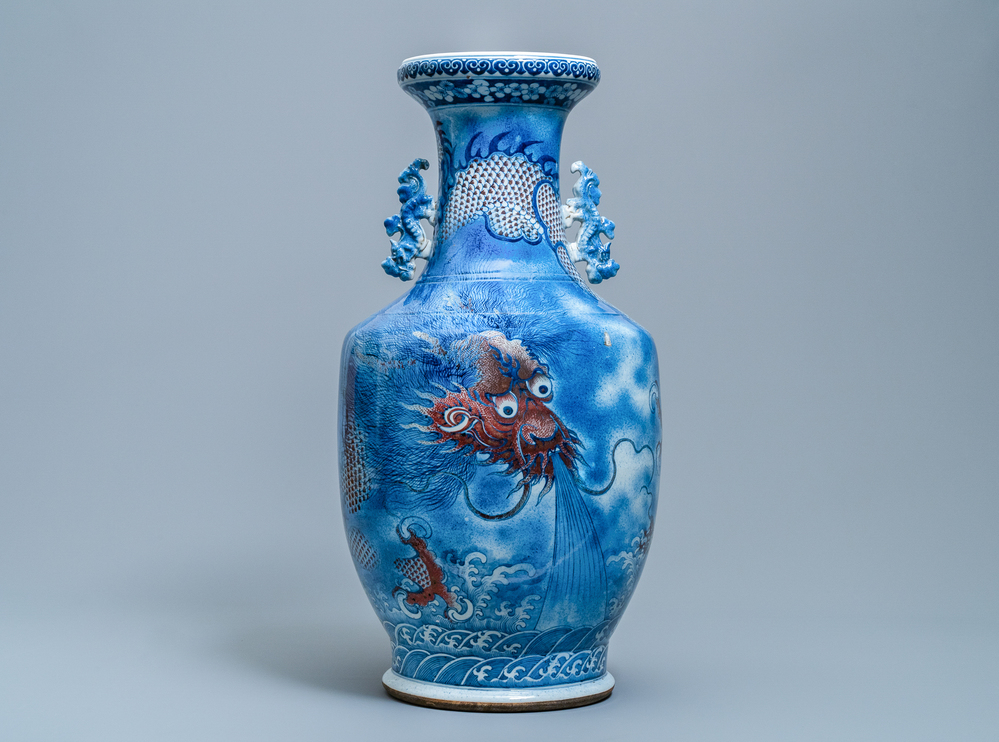 A large Chinese blue, white and copper red 'dragon' vase, Jiaqing