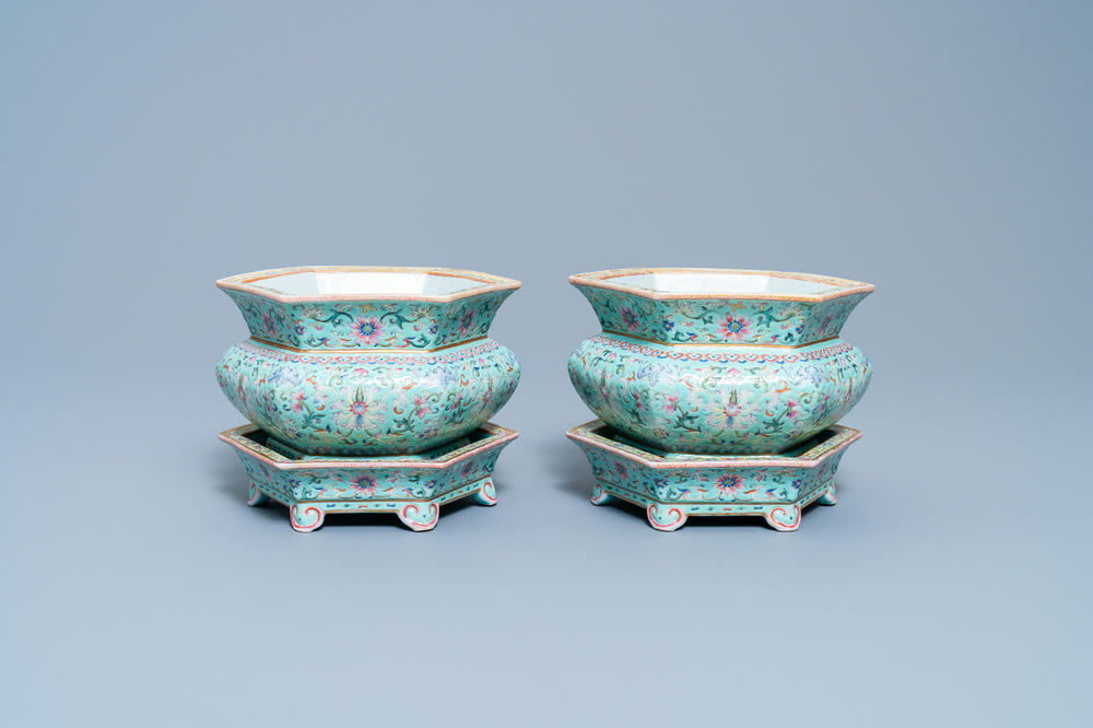 A pair of Chinese famille rose jardini&egrave;res on stands, Qianlong mark, Jiaqing