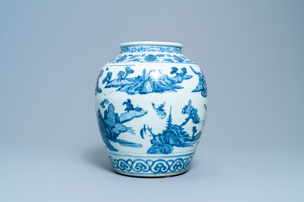 A Chinese blue and white vase with boats in a mountainous landscape, Ming