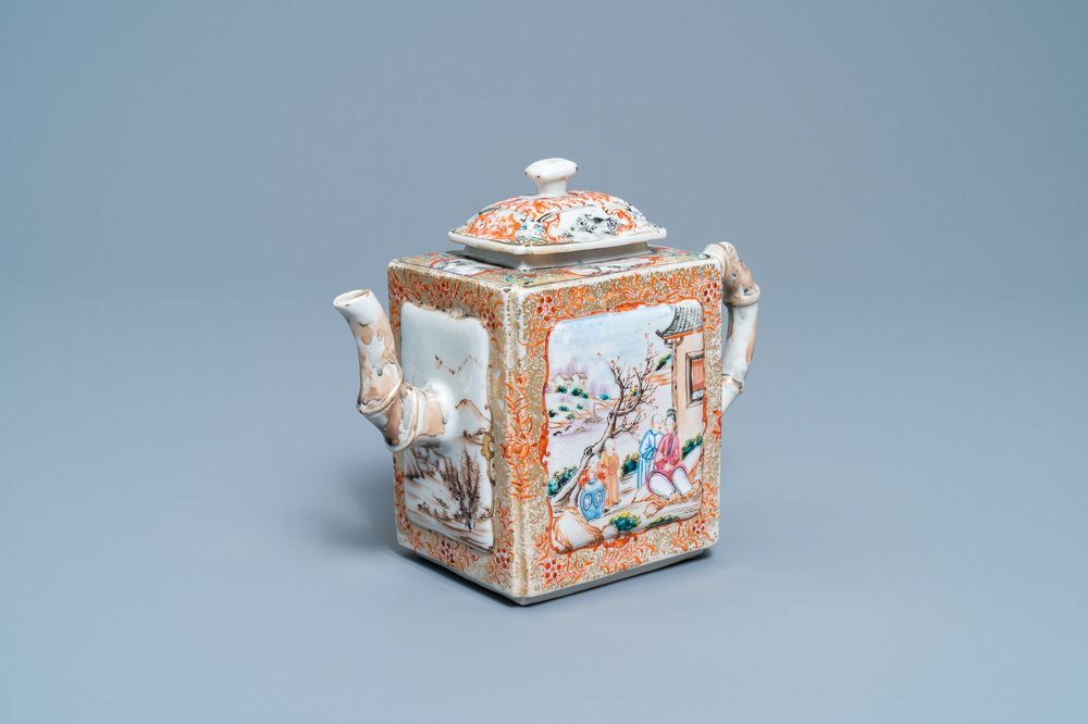 A Chinese famille rose rectangular 'Mandarin' teapot and cover, Qianlong