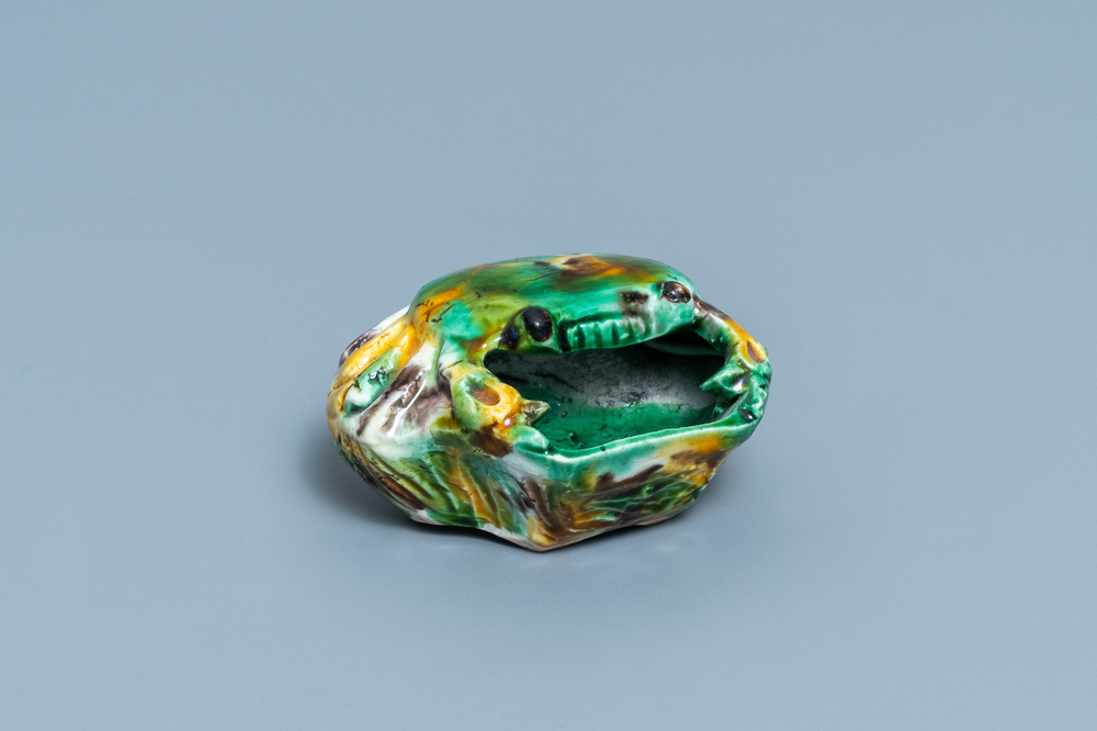 A Chinese crab-shaped sancai-glazed 'egg and spinach' brush washer, Kangxi