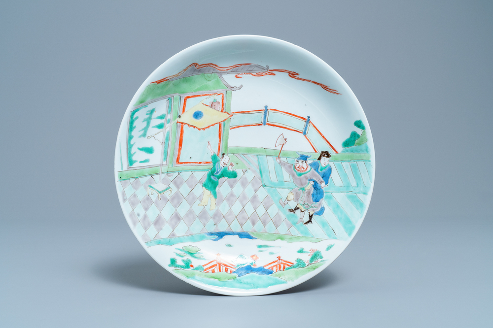 A Chinese famille verte dish with a narrative scene, Kangxi