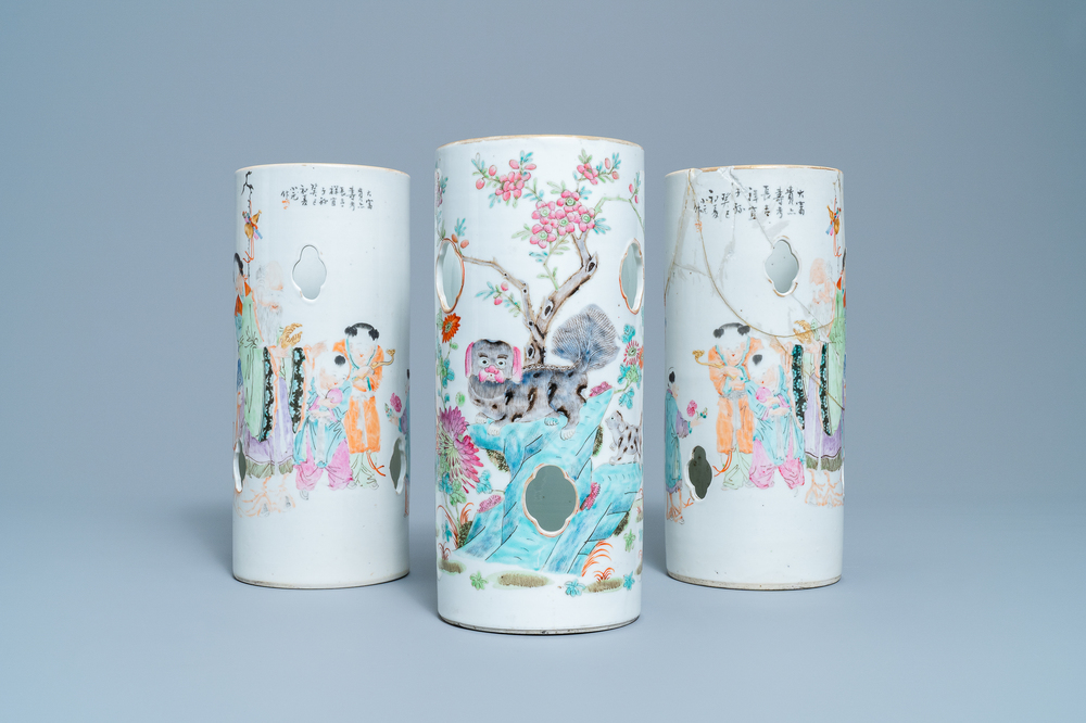 Three Chinese famille rose and qianjang cai hat stands, 19/20th C.