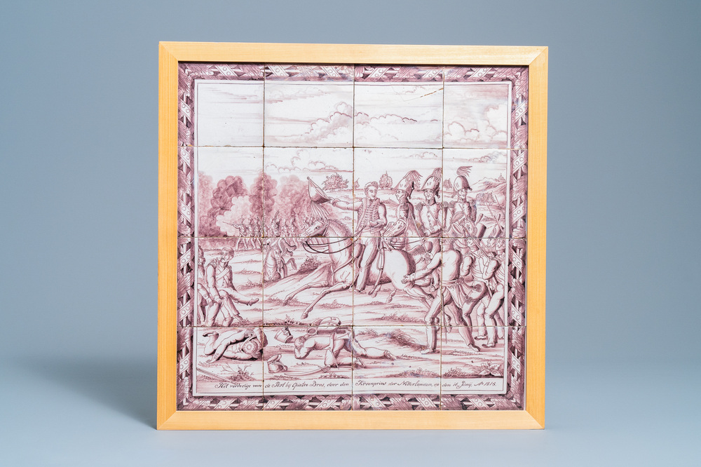 Een mangaan tegeltableau met de Prins van Oranje bij Quatre Bras, Amsterdam, ca. 1820