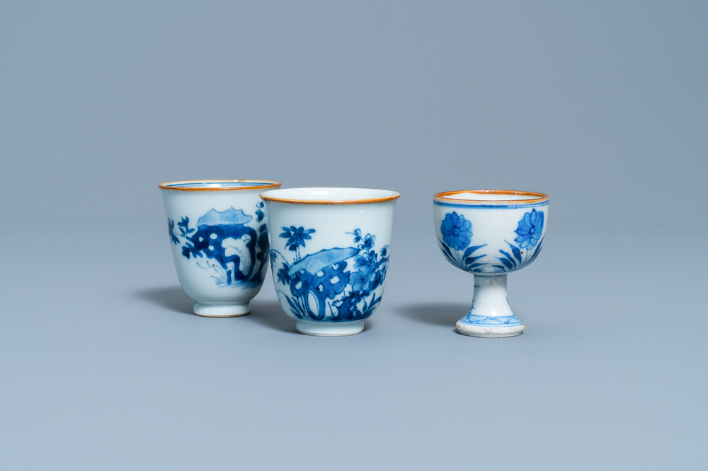 Two Chinese blue and white wine cups and a stem cup, Transitional period