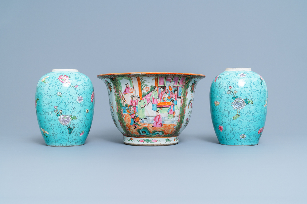 A Chinese Canton famille rose jardini&egrave;re and a pair of turquoise-ground jars, 19th C.