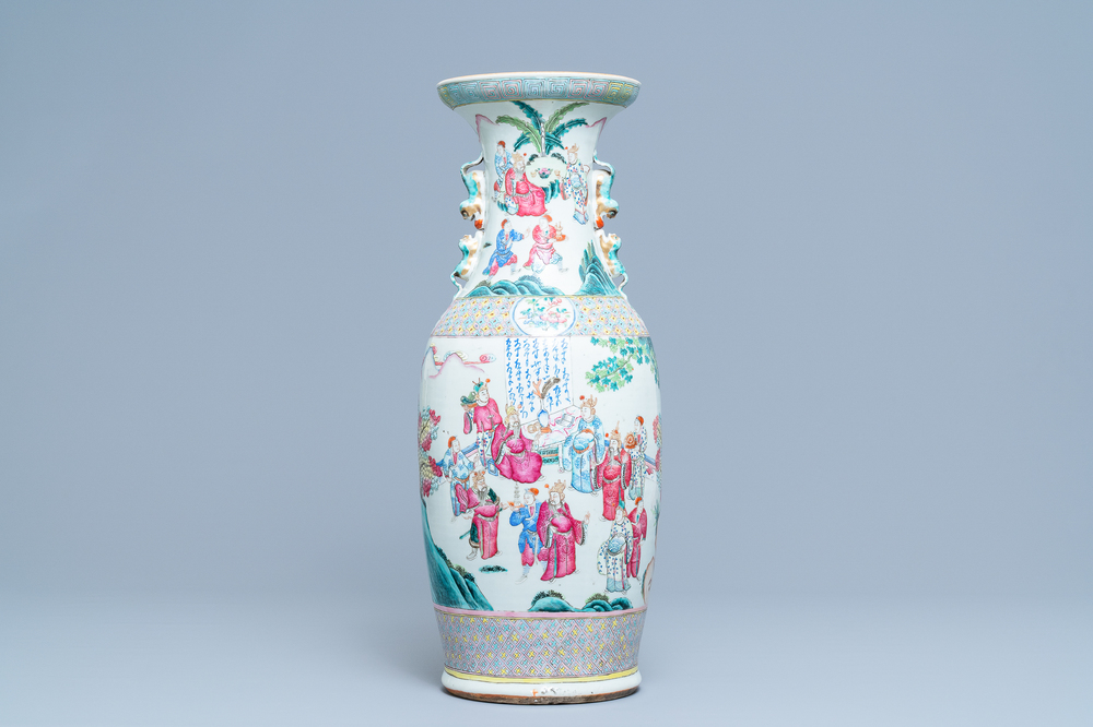 A Chinese famille rose vase with figures in a landscape, 19th C.