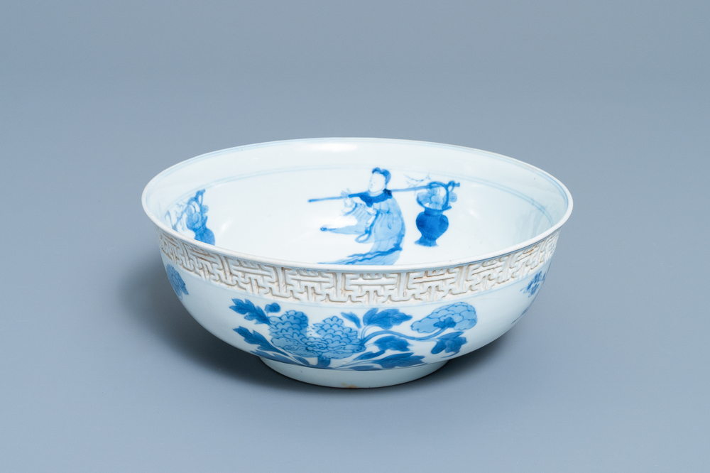 A Chinese blue and white relief-moulded bowl, Kangxi