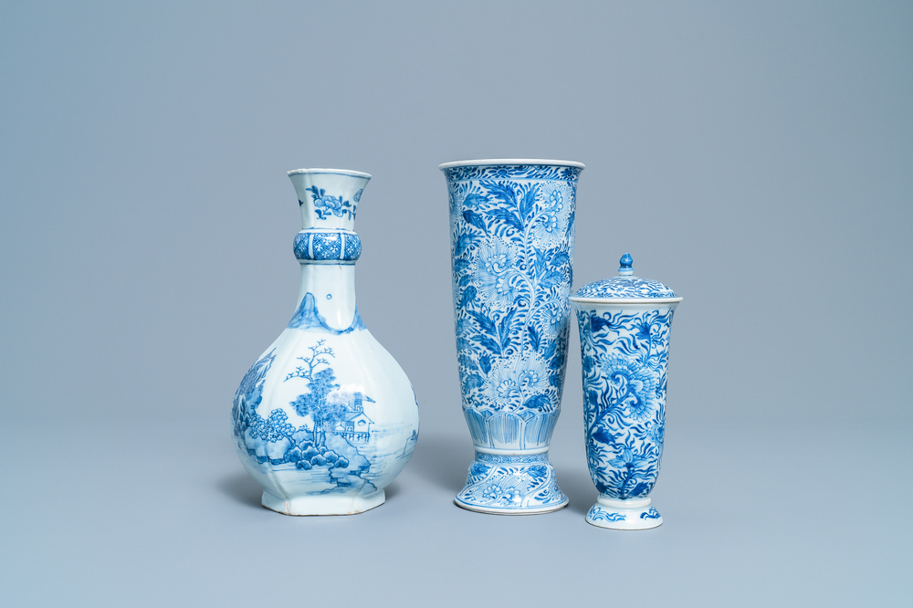 Two Chinese blue and white beaker vases and a bottle vase, Kangxi/Qianlong