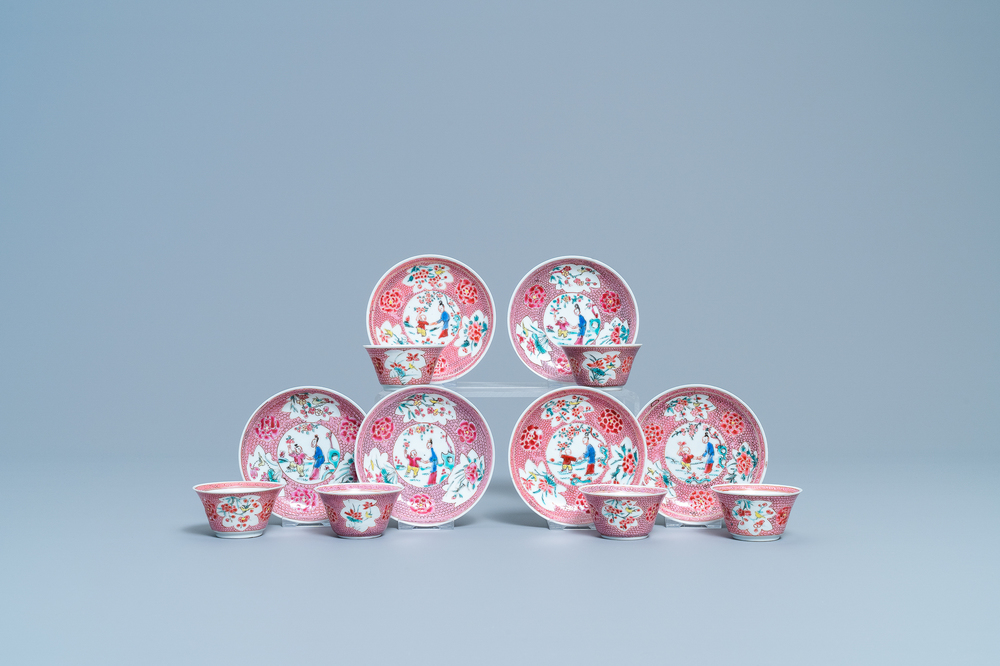 Six Chinese famille rose cups and saucers with a lady and a boy, Yongzheng/Qianlong