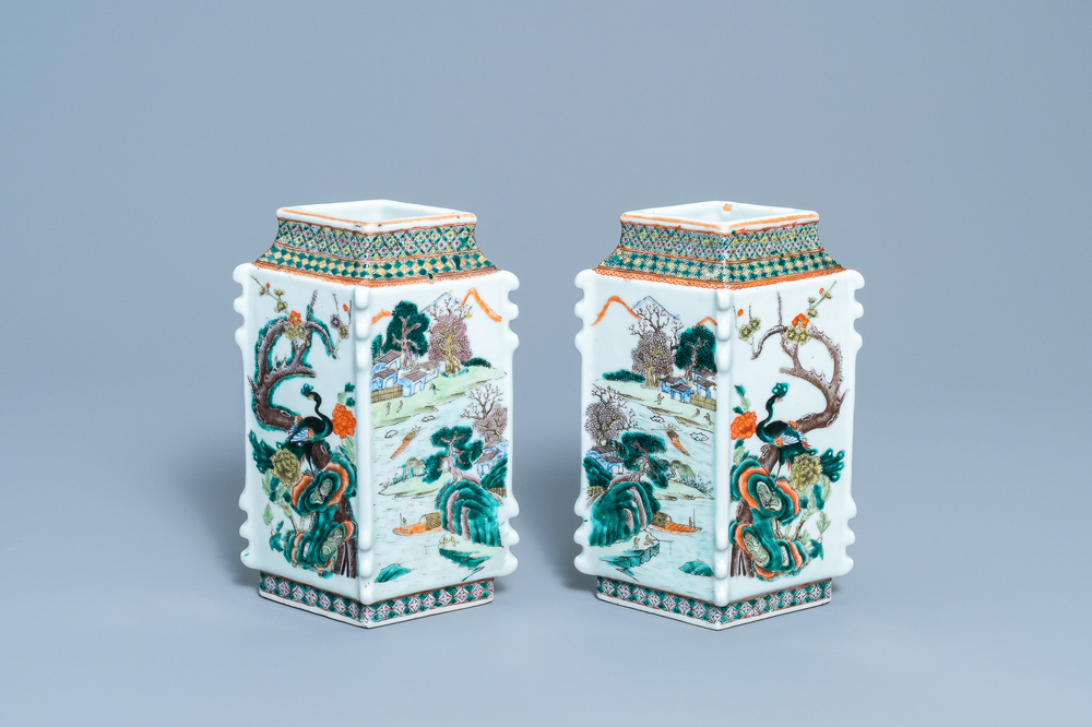 A pair of Chinese famille verte lozenge-shaped vases, 19th C.