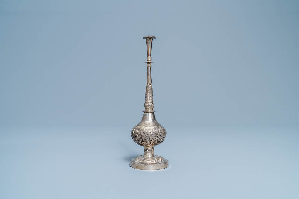 A Chinese inscribed Islamic market silver rosewater sprinkler, 18th C.