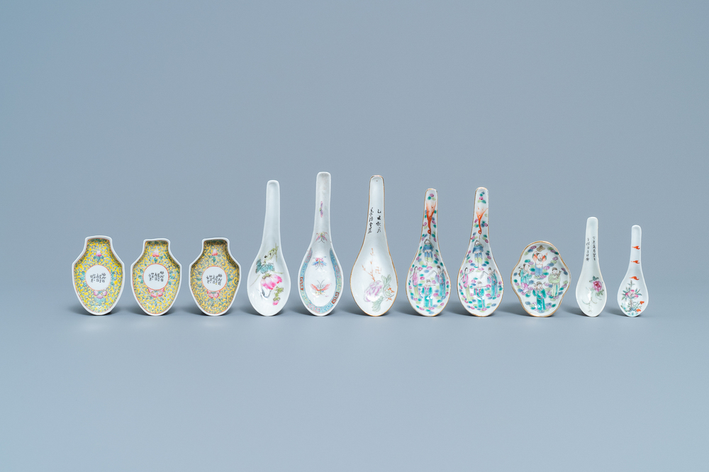 Seven Chinese famille rose spoons and four saucers, 19/20th C.