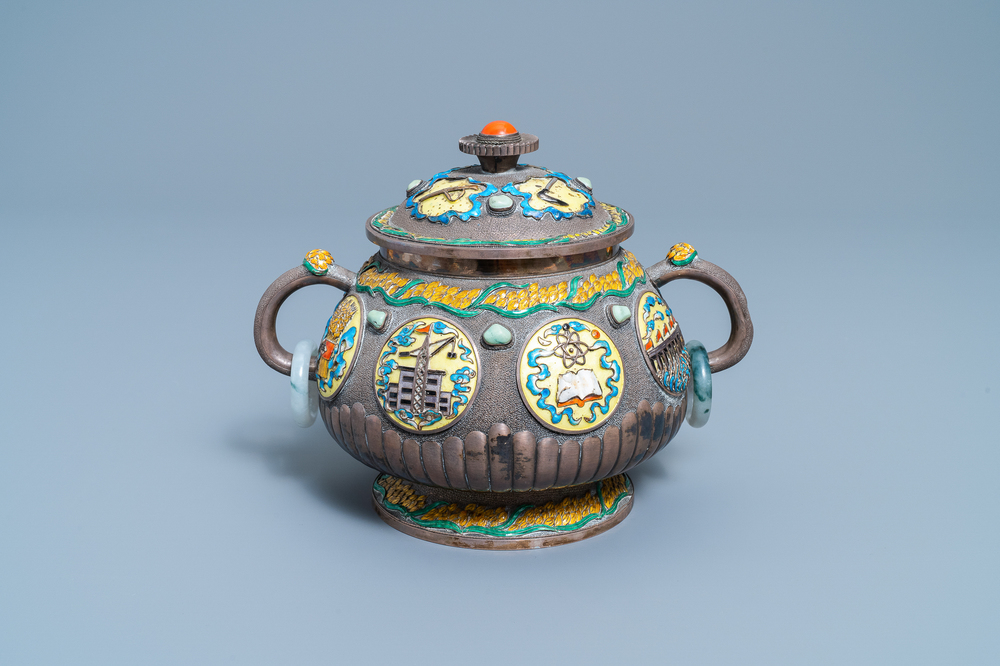 A Chinese enamelled silver censer, Cultural Revolution, 20th C.