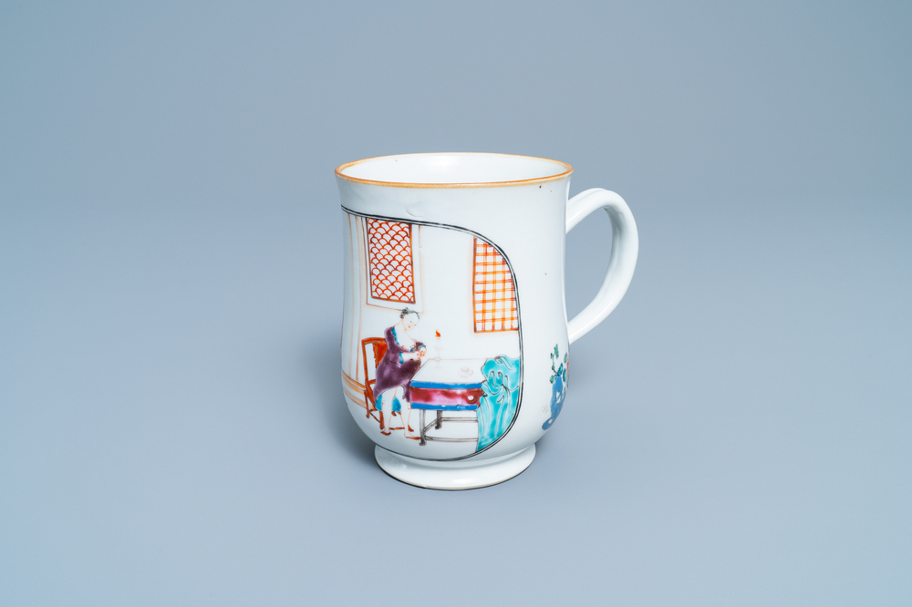 A Chinese famille rose mug with a semi-undressed lady, Qianlong