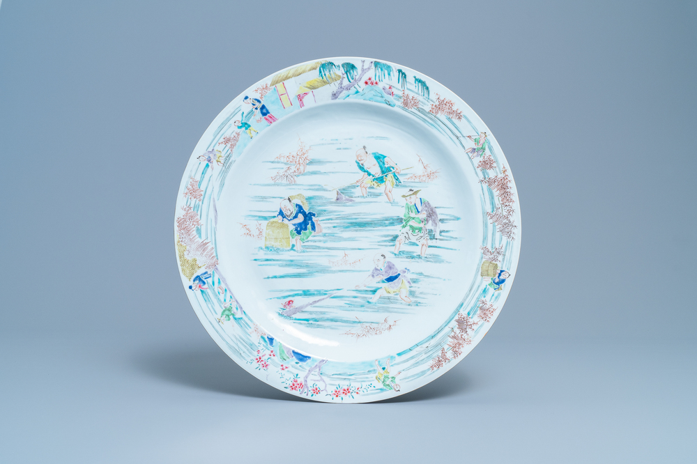 A large Chinese famille rose 'fishermen' dish, Yongzheng/Qianlong