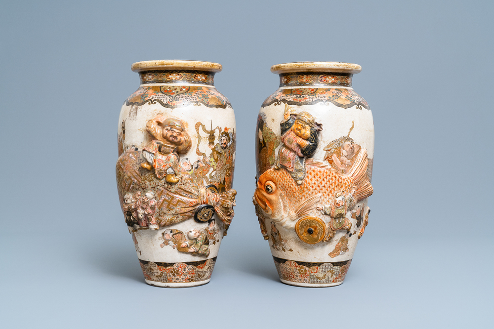 Two Japanese relief-moulded Satsuma vases, Meiji, 19th C.