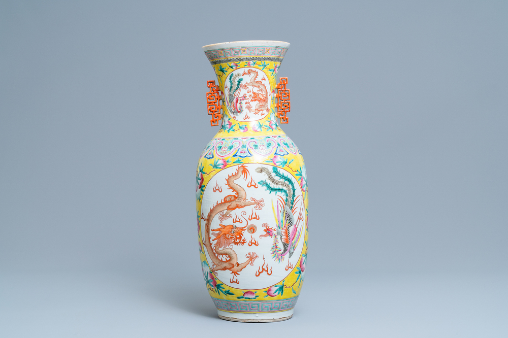 A Chinese famille rose 'dragon and phoenix' vase, 19th C.