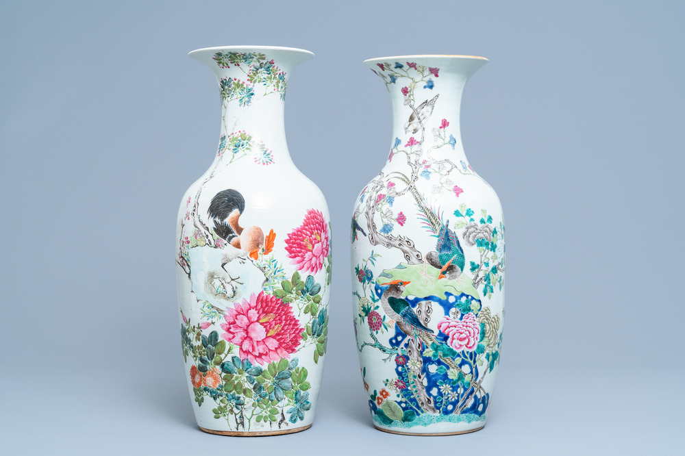 Two Chinese famille rose and qianjiang cai vases with birds, 19th C.