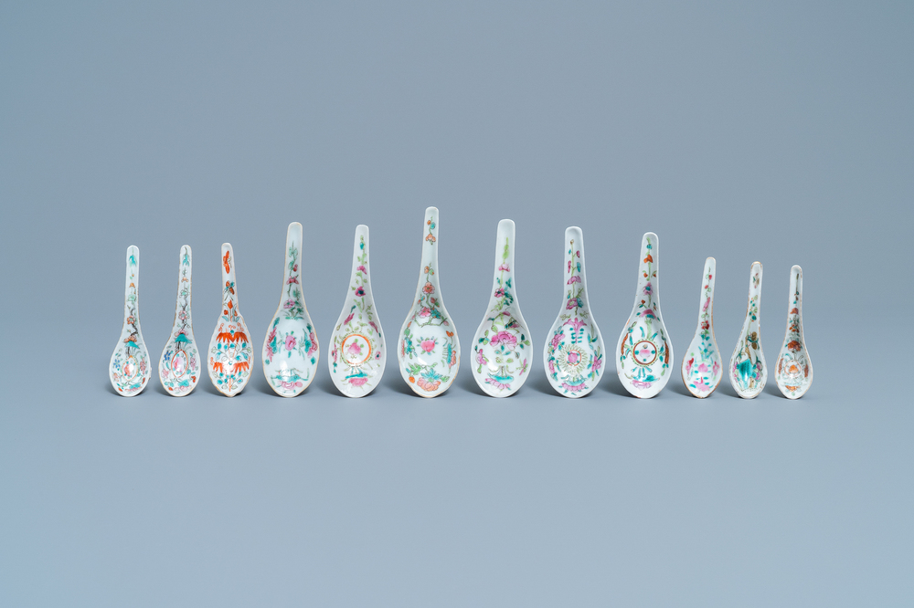 Twelve Chinese famille rose spoons for the Straits or Peranakan market, 19/20th C.