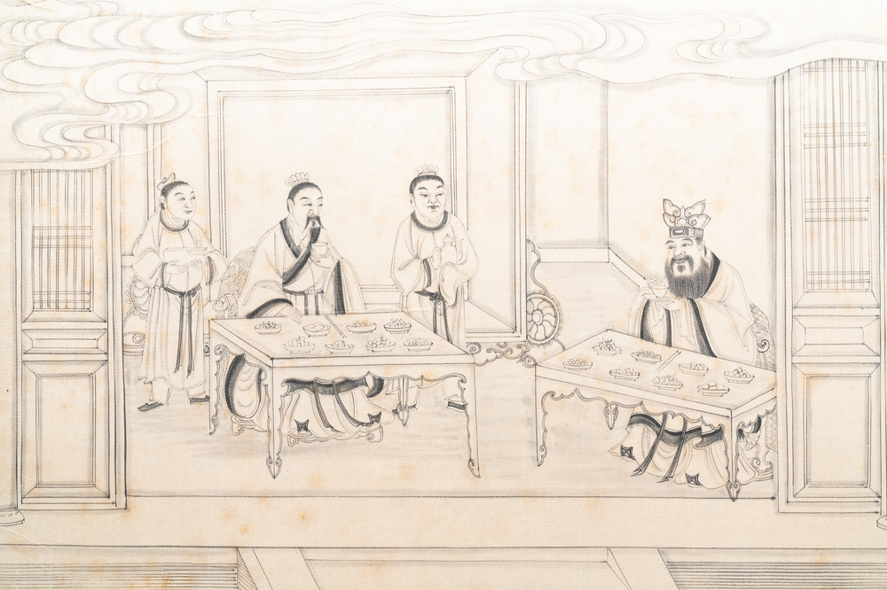 Ecole chinoise, encre sur papier, 19&egrave;me: 'Sc&egrave;ne d'int&eacute;rieur'