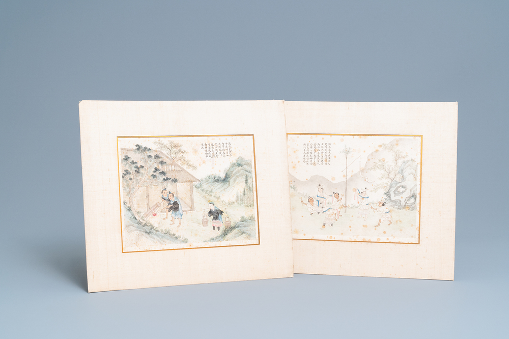 Ecole chinoise, encre et couleurs sur papier, 19&egrave;me: 'Deux sc&egrave;nes aux figures dans un paysage'