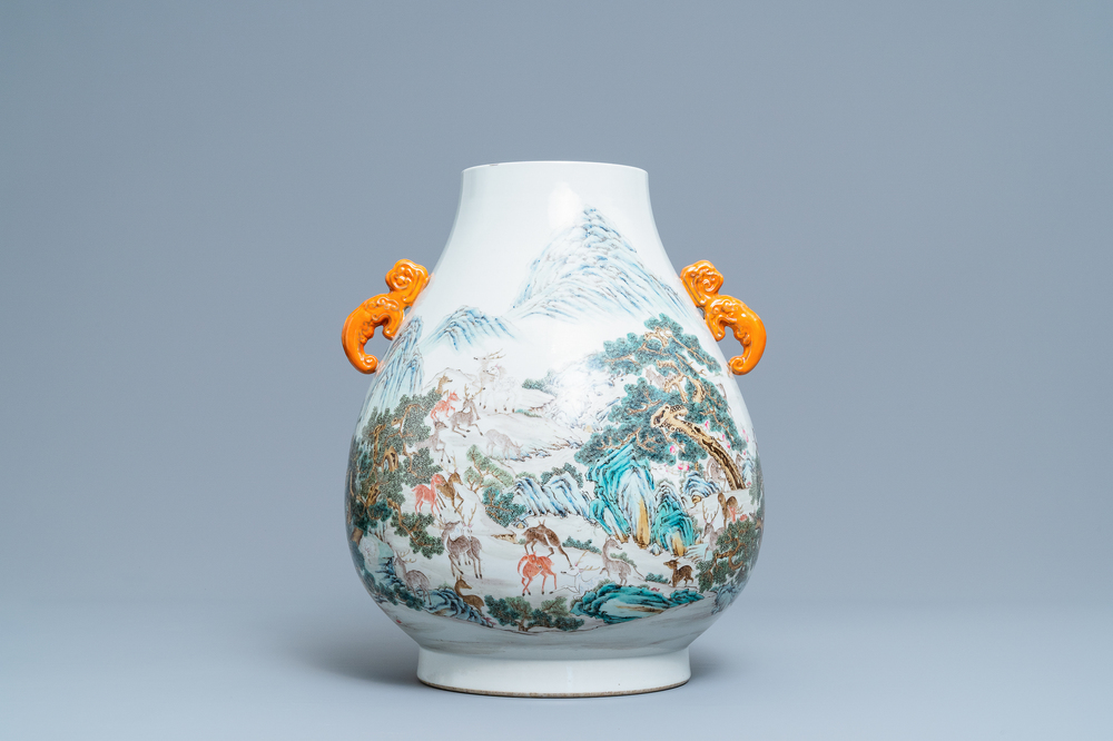 A Chinese famille rose '100 deer' vase, Qianlong mark, 20th C.