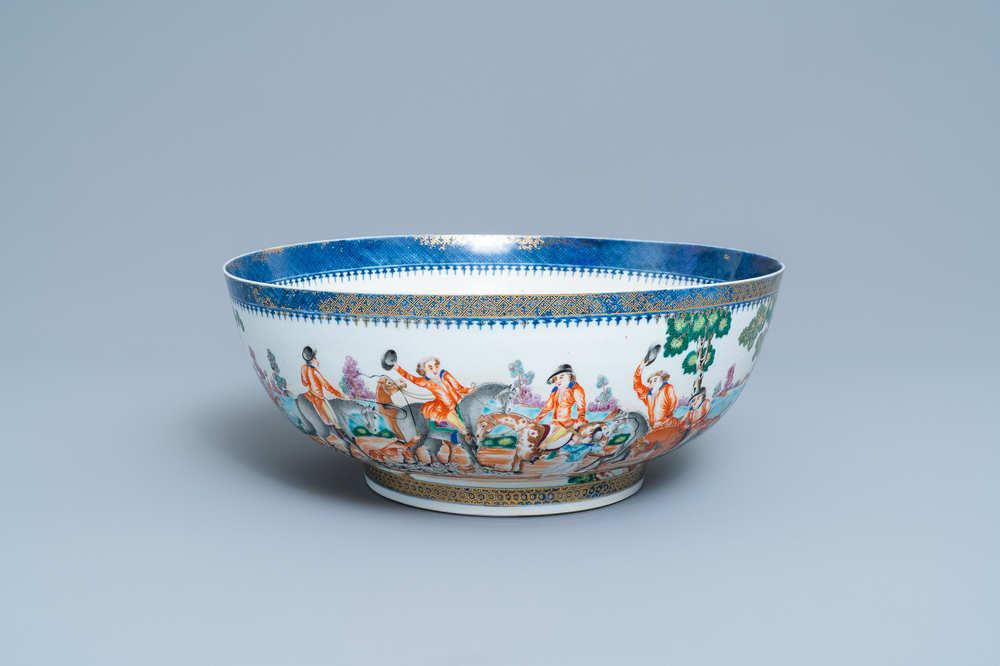 A large Chinese famille rose 'hunting' bowl for the European market, Qianlong