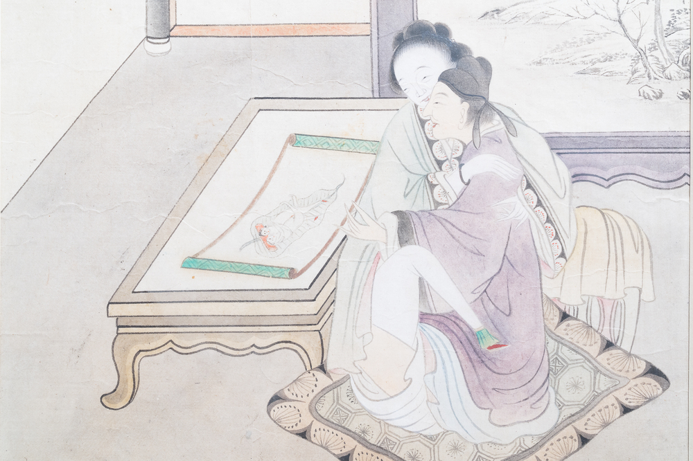 Ecole chinoise, encre et couleurs sur papier, 19&egrave;me: 'Sc&egrave;ne &eacute;rotique'